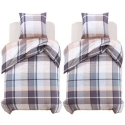 Jeu De Housse De Couette Carreaux Kaki 135x200/80x80 Cm 2