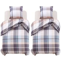 Jeu De Housse De Couette Carreaux Kaki 155x220/80x80 Cm