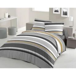 LOVELY HOME Parure De Couette Coton STRIPES - Gris - 220x240 Cm