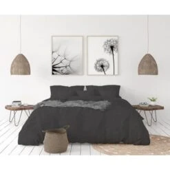 LOVELY HOME Parure De Couette En 100% Lin 220x240cm + 2 Taies 65x65cm  Coloris Gris Anthracite