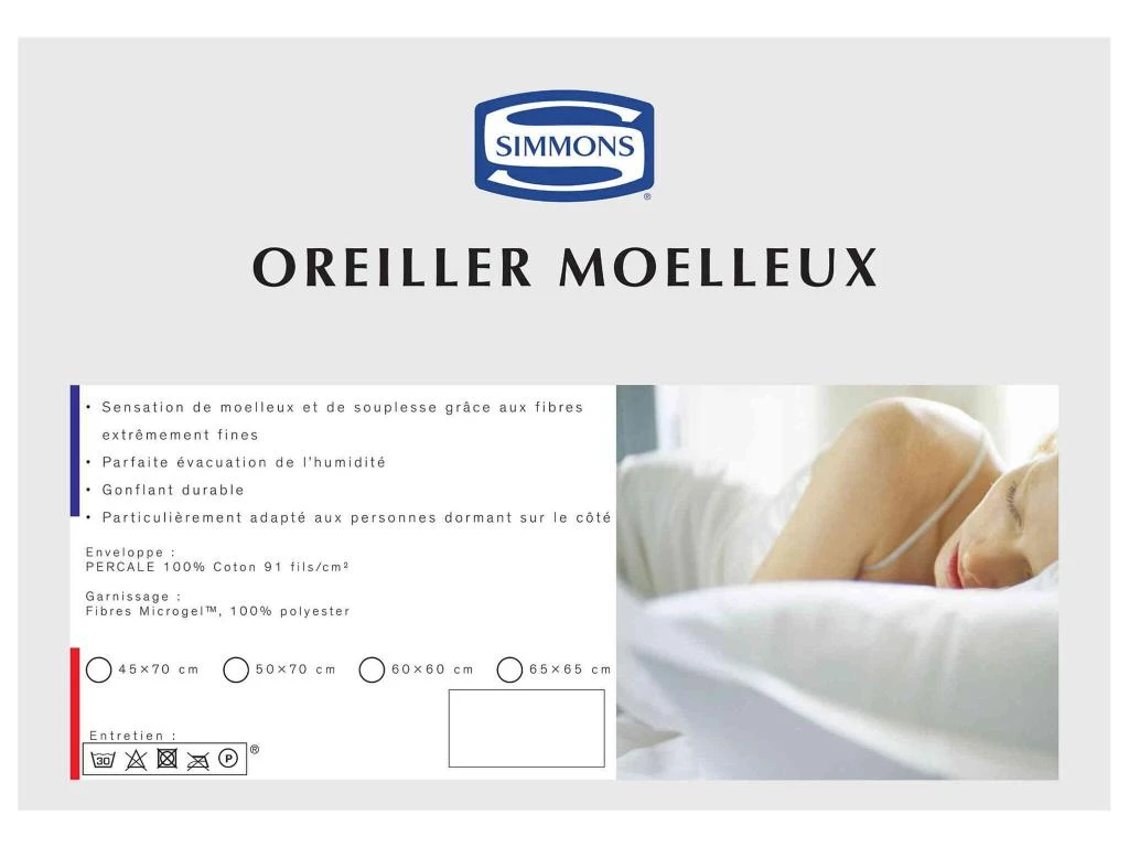 Oreiller Microgel Moelleux Percale Simmons 60x60 Cm 3 Oreiller Microgel Moelleux Percale Simmons 60x60 Cm – Image 3