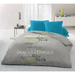 Parure De Couette Microfibre GRAND VOYAGE - 1 Housse De Couette 220x240 Cm + 2 Taies 63x63 Cm - Gris Et Bleu
