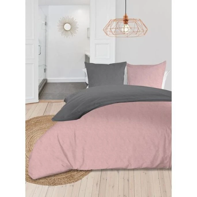 SOLEIL D'OCRE Parure De Couette Bicolore - Coton Lavé - 220 X 240 Cm - Rose Et Gris 1 SOLEIL D'OCRE Parure De Couette Bicolore - Coton Lavé - 220 X 240 Cm - Rose Et Gris