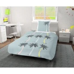 SOLEIL D' OCRE Parure De Couette Palmier 100% Coton - 1 Housse De Couette 140 X200 Cm + 1 Taie D'oreiller - Bleu